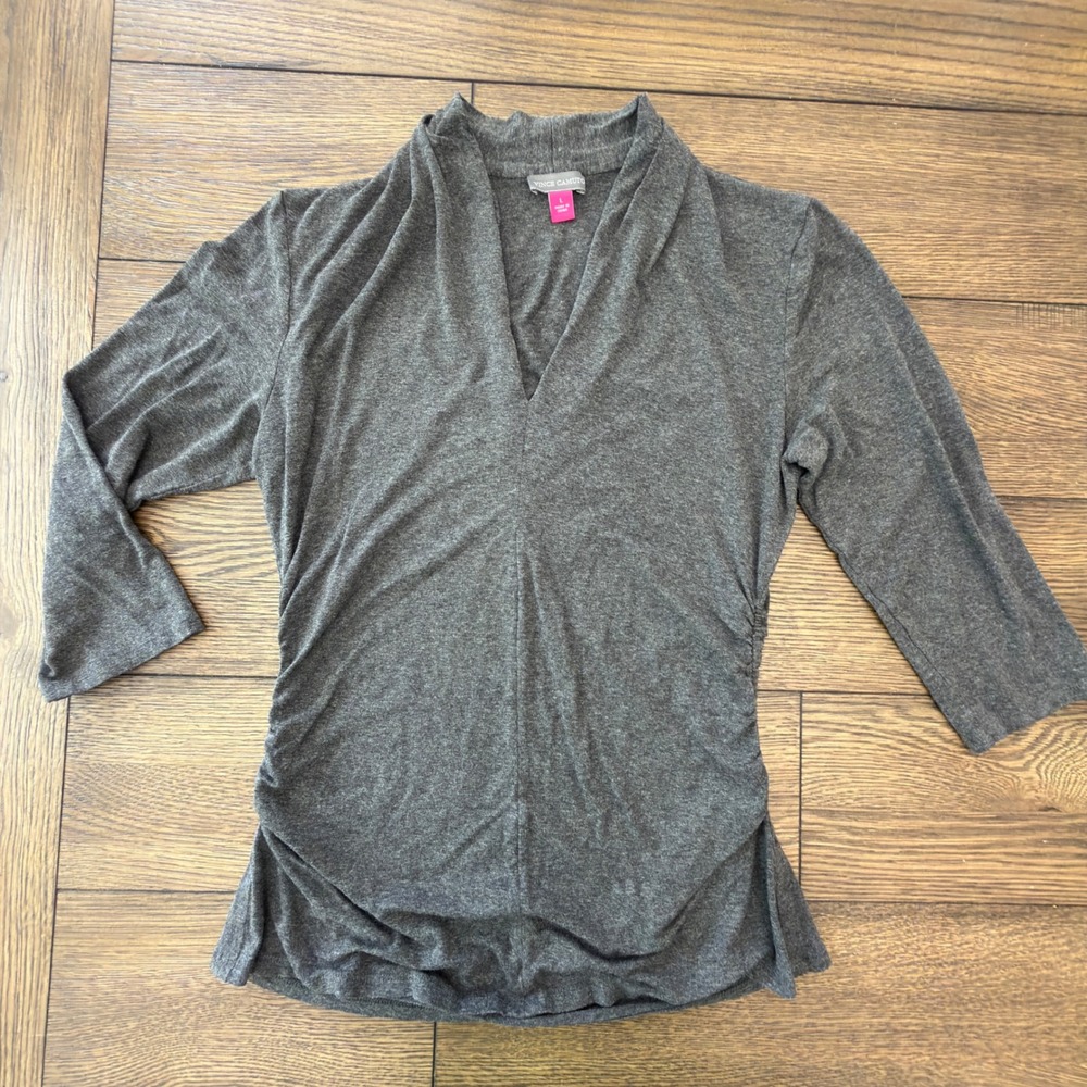 Vince Camuto Charcoal Grey Ruched V-Neck 3/4 Sleeve Top Large Heathered Viscose